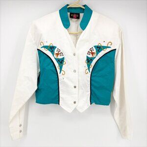 White and Teal Embroidered Crop Top